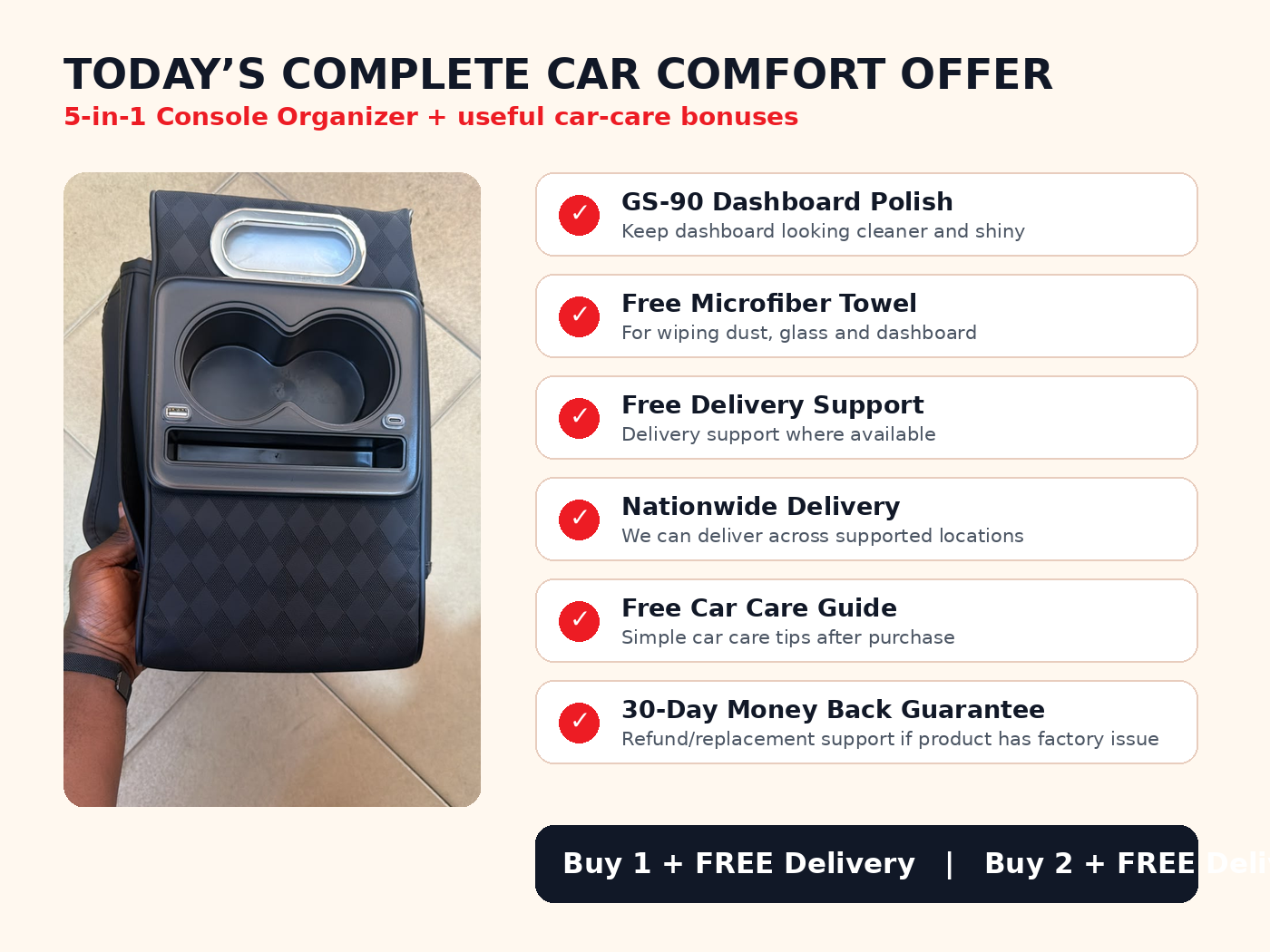 5-in-1 console organizer offer with free GS-90 polish, towel, delivery, guide and guarantee